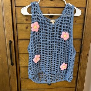 POL Light Blue Crochet Tank with Pink Floral Accents